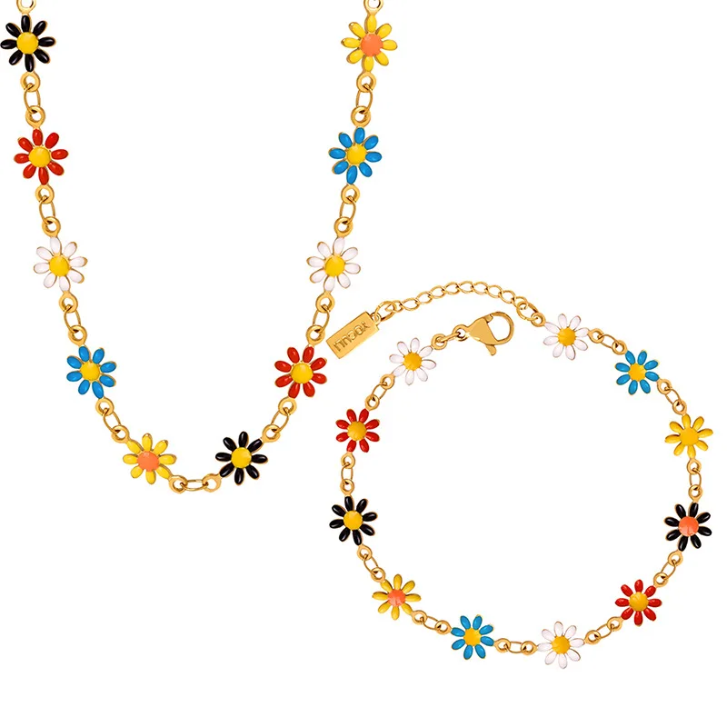 New Stainless Steel Necklace Bracelet For Women Bohemia Colorful Daisy Flower Enamel Women Jewelry Sets Party Gifts