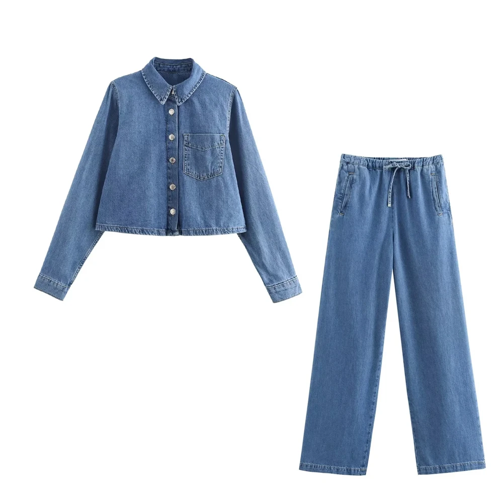 ZA Casual Style Long Sleeved Shirt and Wide Leg Pants Set for Women, Comfortable Collar Denim, Long Pants