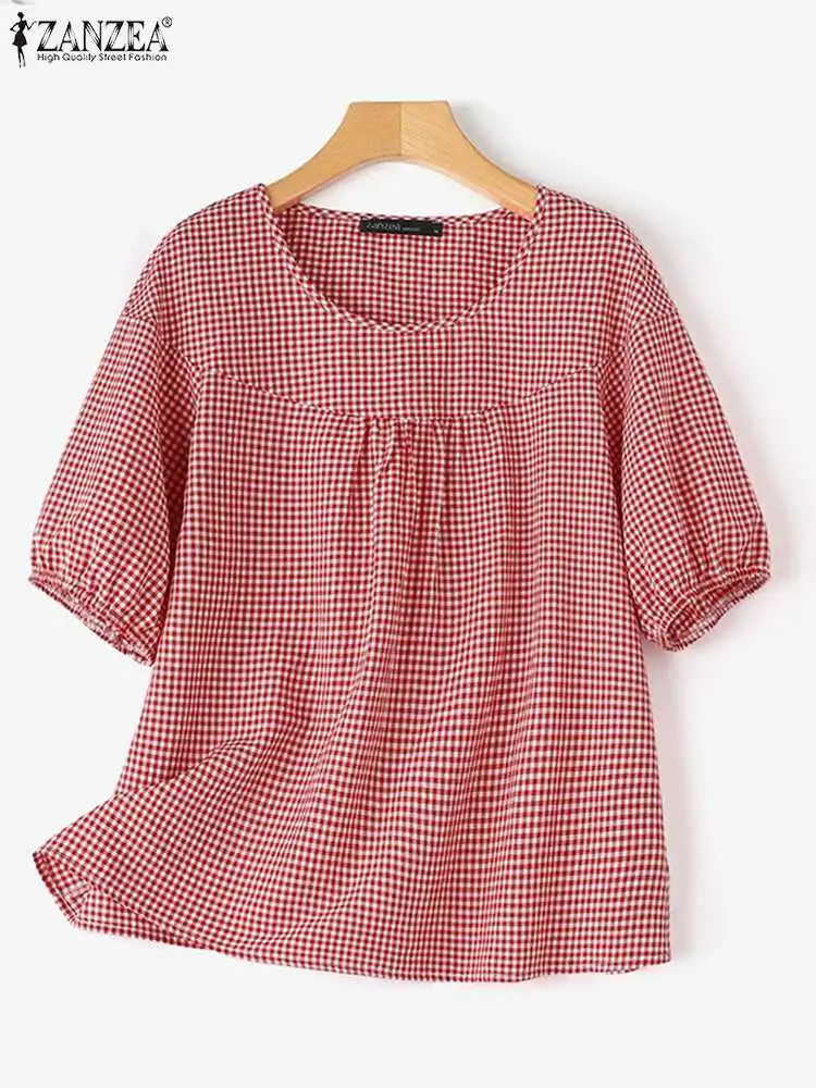 ZANZEA Summer Blouse Vintage Women Plaid Checked Tops Tunic Casual Loose Short Sleeve Shirt Fashion O Neck Baggy Blusas Chemise