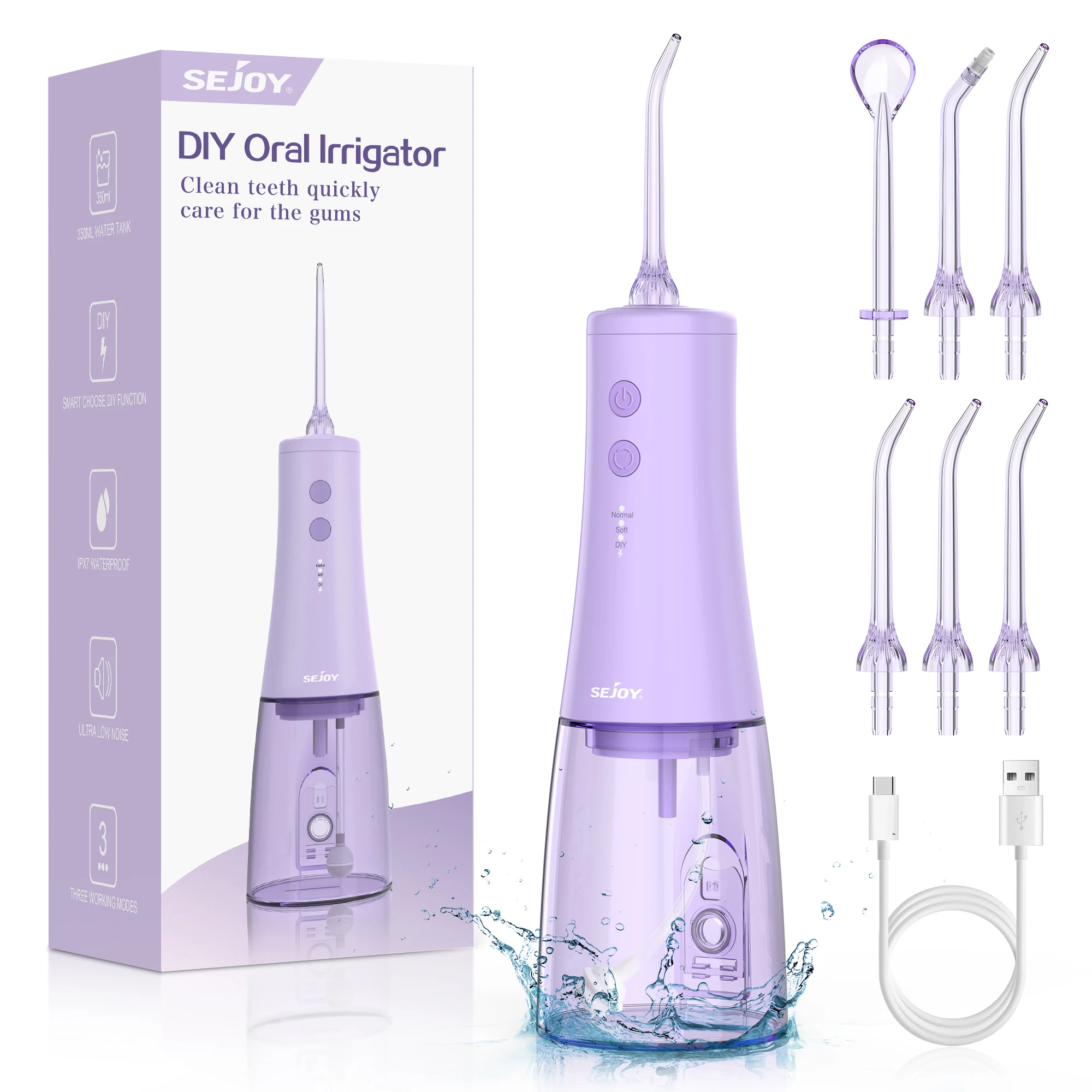 

Dental Water Jet Oral Irrigator USB Rechargeable Water Flosser Portable 350ml Water Tank IPX7 Waterproof Teeth Cleaner Travel