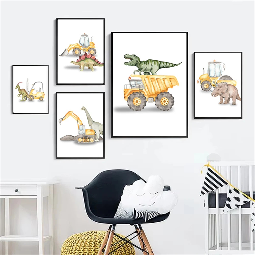 Cuadro de lienzo con dibujos animados de dinosaurios, camiones, tractores y excavadoras, pósteres e impresiones para cuartos infantiles, imágenes nórdicas para pared, decoración para habitación de niños