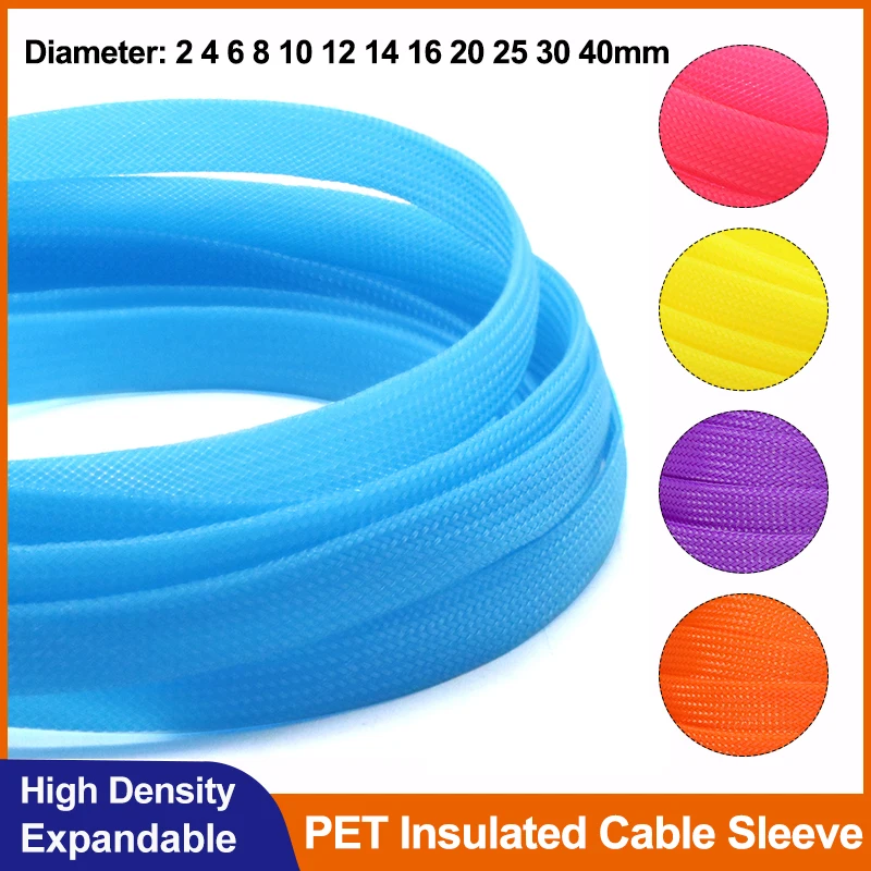 

1/3/5/10m Pure Color PET Insulated Cable Sleeve 2 ~ 40mm Expandable Tight Braided High Density Line Protection Wire Wrap Sheath