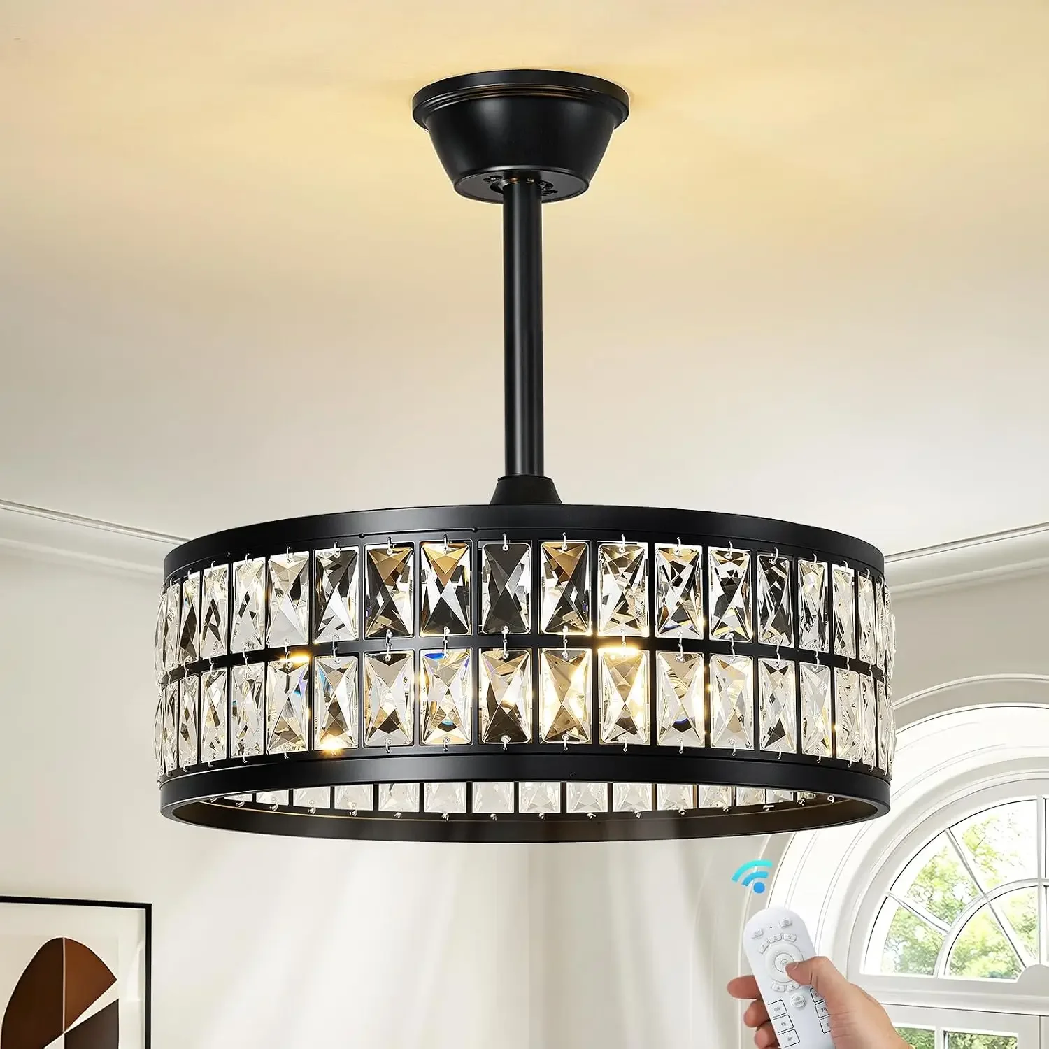 Black Caged Ceiling Fan with Light and Remote 19 Inch Modern Crystal Fandelier Ceiling Fan with Light Semi Flush Mount Farmhouse