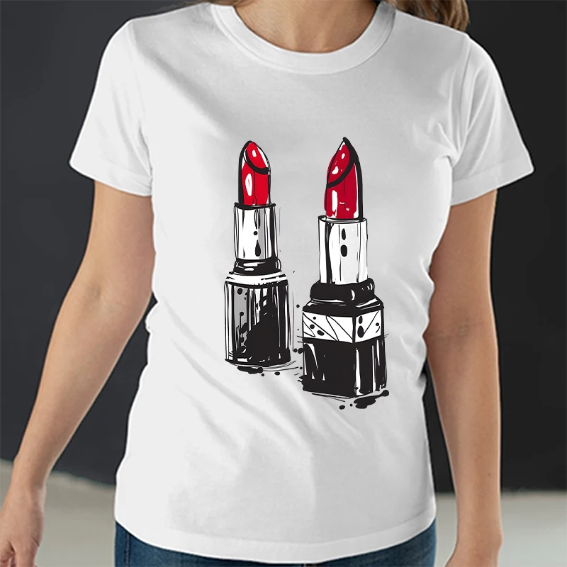 Women Tshirt Lipstick Makeup Print Short Sleeve Tees Tops Beauty Cosmetics Summer Aesthetic T Shirt Streetwear Woman T-shirts