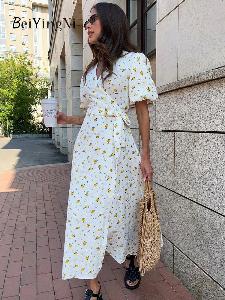 Beiyingni 2025 été femmes robe français élégant coton imprimé fleuri longues robes femme à lacets col en v vacances rose robes