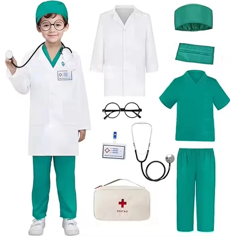 9PCS Boys And Girls Nurse's Uniforms White Doctor's Surgical Gowns With Stethoscope Childrens Carnival Party Performance Costume