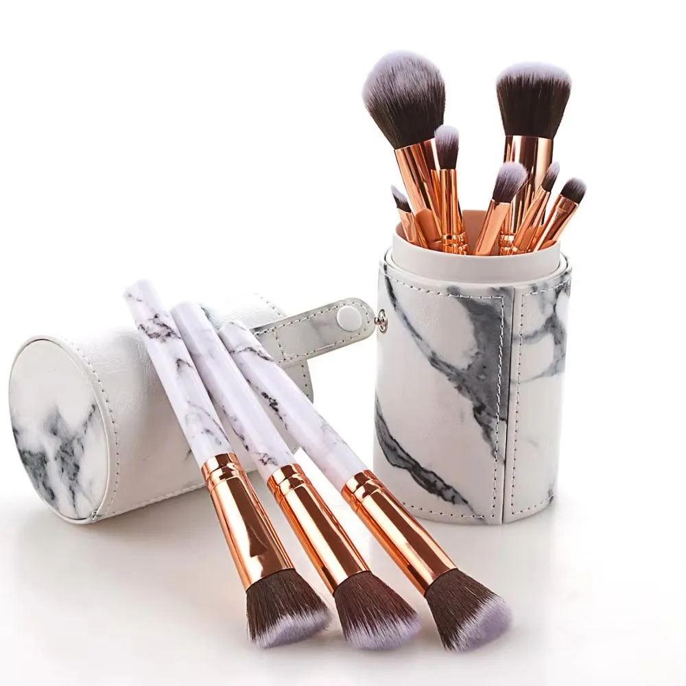 New 10 Pcs Marbling Handle Makeup Brushes Set Powder Foundation Eyeshadow Lip Blush Make Up Brush Set Professional Beauty Tools