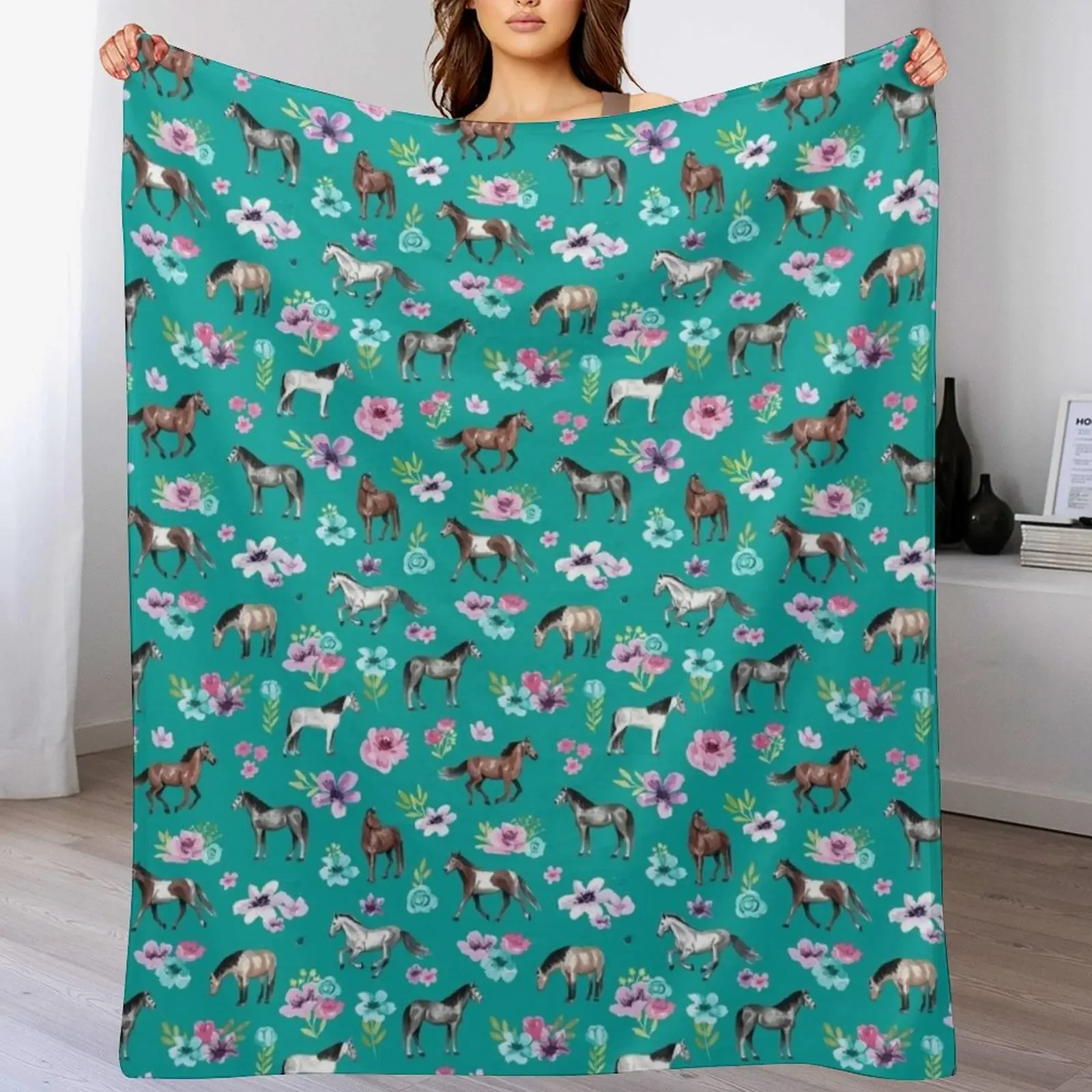 Horses and Flowers on Teal, Turquoise Horse Print, Horse Art, Cowgirl Throw Blanket Travel Size Cozy Blanket for Plane Train