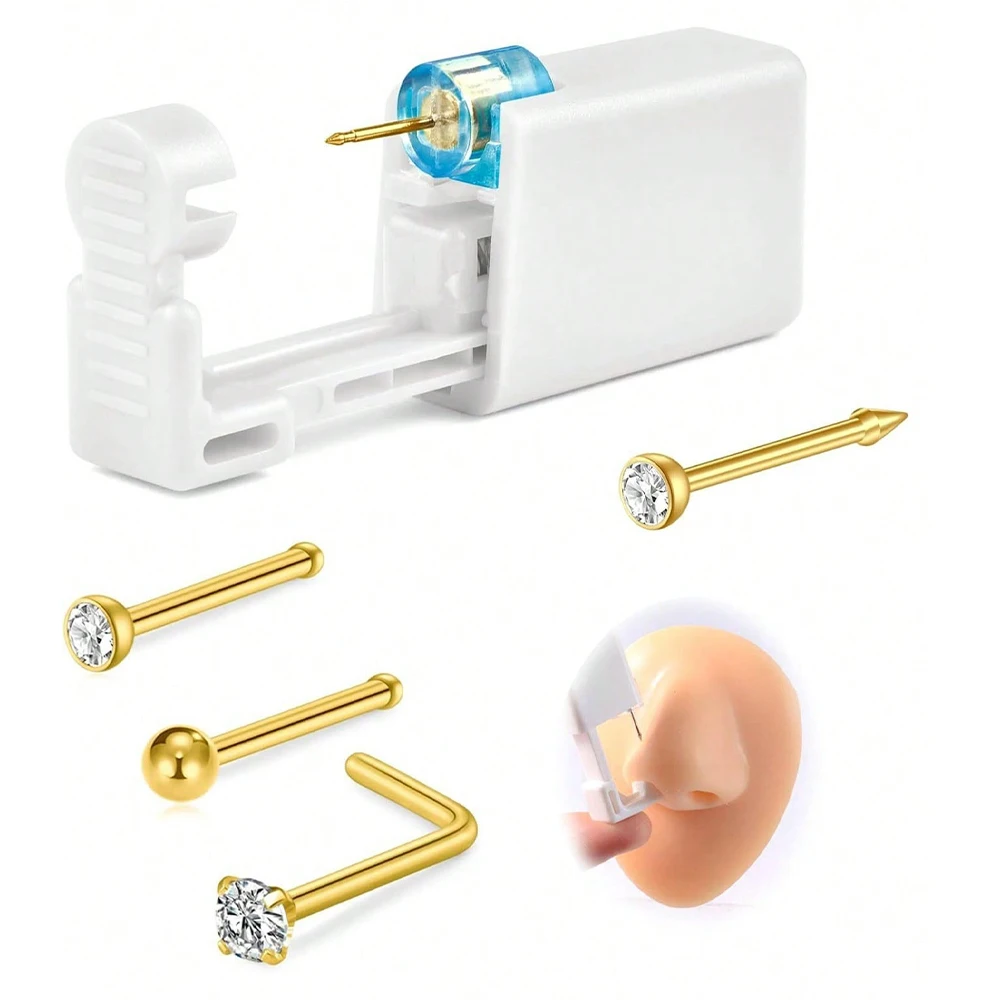 4-5Pcs Nose Piercing Kit Nose Stud, 1Pack Nose Piercing Gun, Disposable Nose Piercing Kit With Straight L-Shape Nose Rings Stud