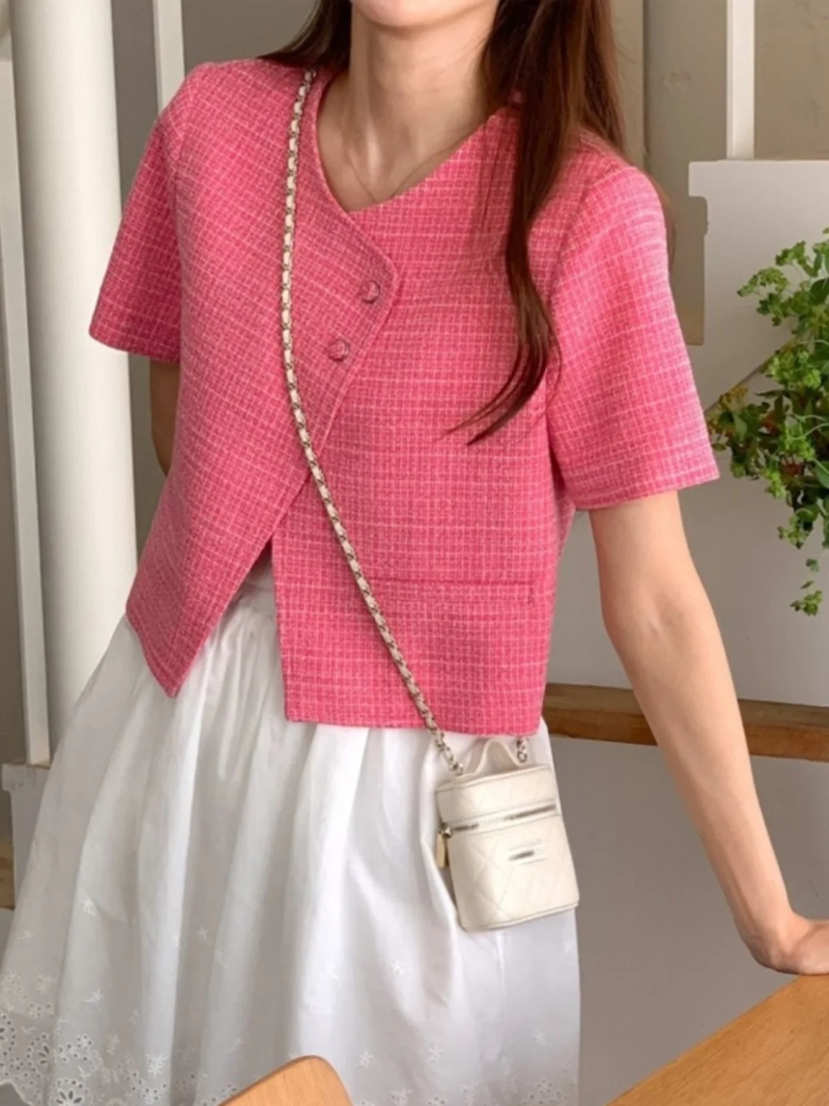 

Chic Coarse Tweed ort Sve round Ne Outerwear for Women Faionable Design Spring Season Casual Commute Sle Loose Fit