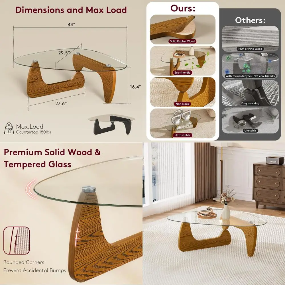 

Solid Walnut Modern Coffee Table, 42.5 x 28.5 x 16.1, Tempered Glass Top, Vintage Minimalist Design for Living Room or Small Spa