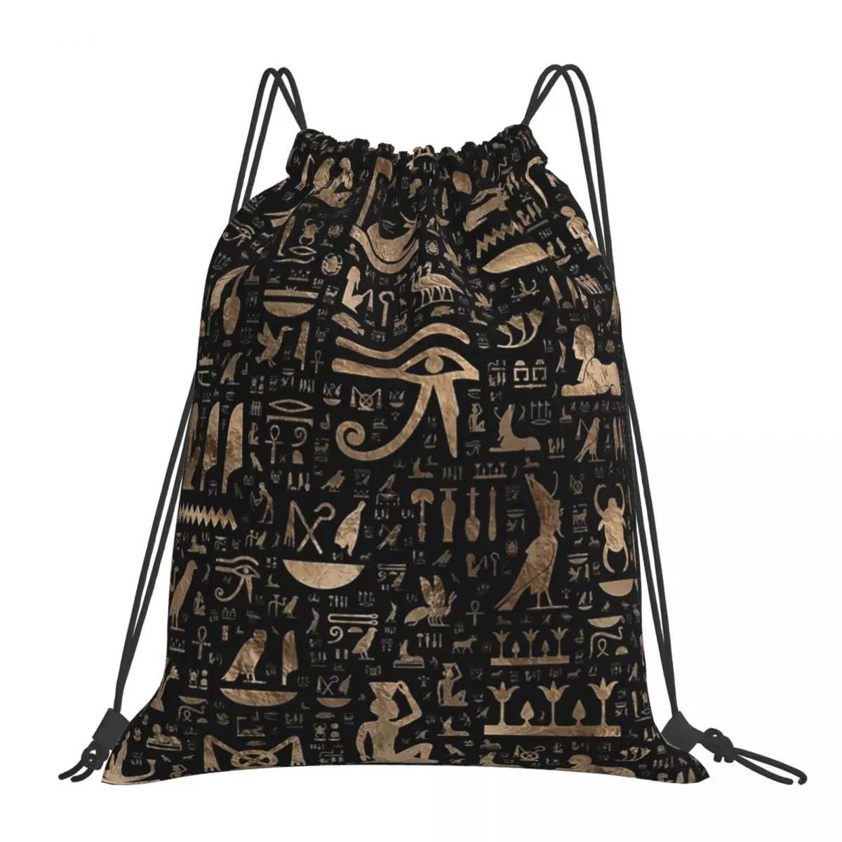 Ancient Egyptian Hieroglyphs - Black And Gold Backpacks Drawstring Bags Drawstring Bundle Pocket Sundries Bag Book Bags