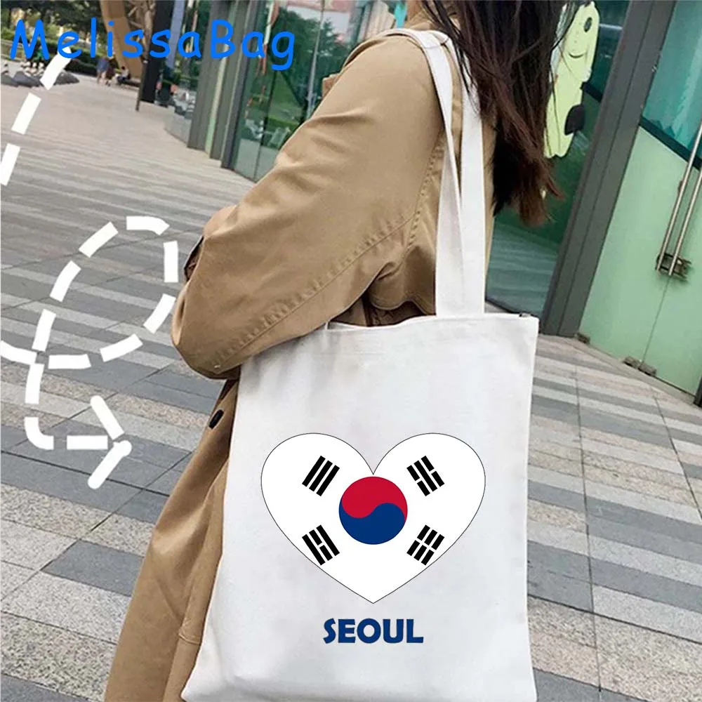 Corea del sud Shaka Hand Flag Canvas Shoulder Totes Bag coreano Heart Emblem Seoul KPOP Lover Gifts Shopper borsa in cotone riutilizzabile