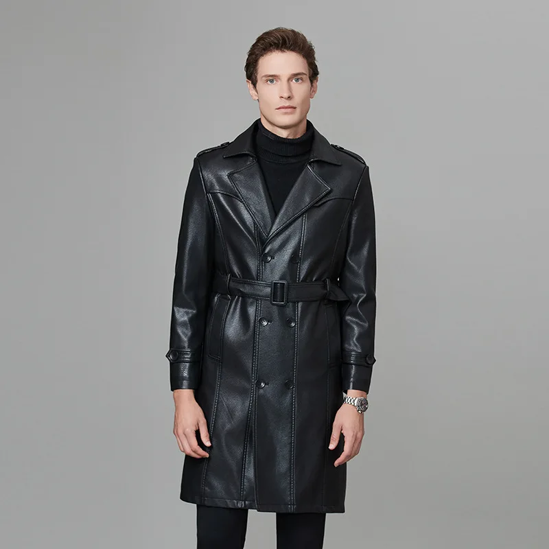 

Осенне-зимняя новая мужская куртка из натуральной кожи, длинная кожаная ветровка из овчины, мотоциклетное пальто, куртка