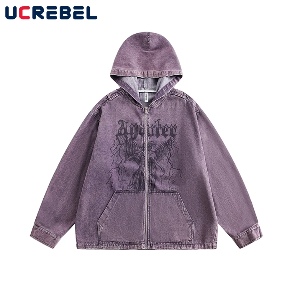 

Print Hooded Denim Jacket Mens Spliced Washed Distressed High Street Autumn Winter Loose Long Sleeve Outerwear Men