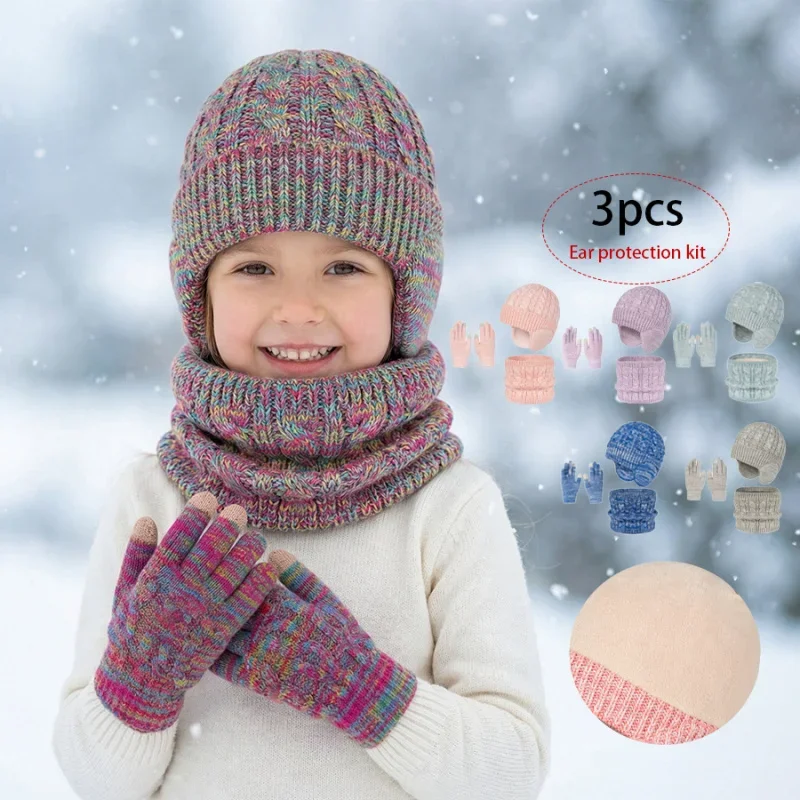 Kids Winter Double Ball Fleece Knit Hat Scarf Gloves Set 3 Piece Warm Beanie Set for Toddlers Girls Boys