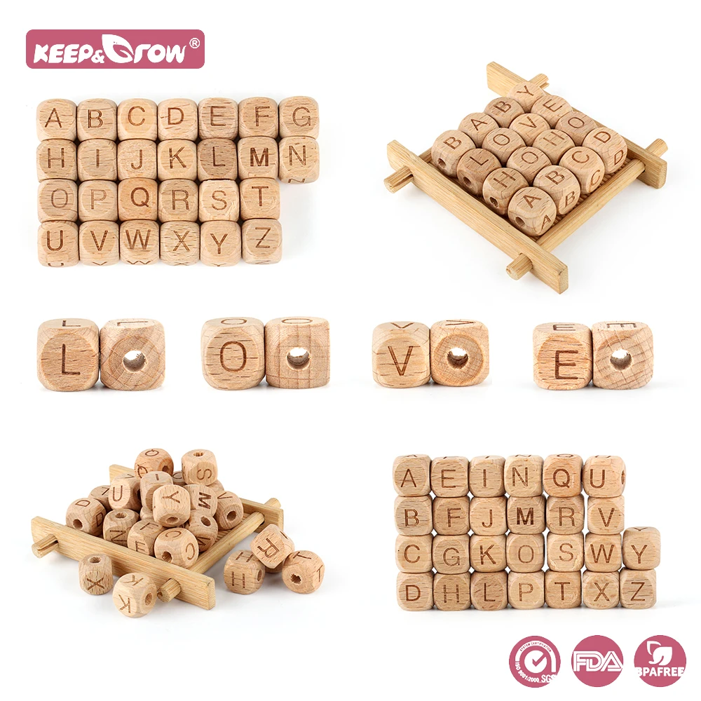 10pcs Wooden Letter Beads 12mm English Beads Beech teether DIY Personalized Name  Pacifier Chain Nipple Holder Baby Accessories