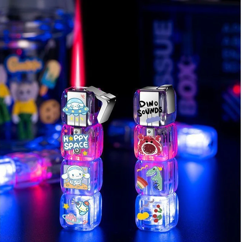 Cartoon Transparent luminous dice Cigar Lighter Pink flame Inflated Jet Fuel lighter Windproof Portable Lighter Smoking Gadgets