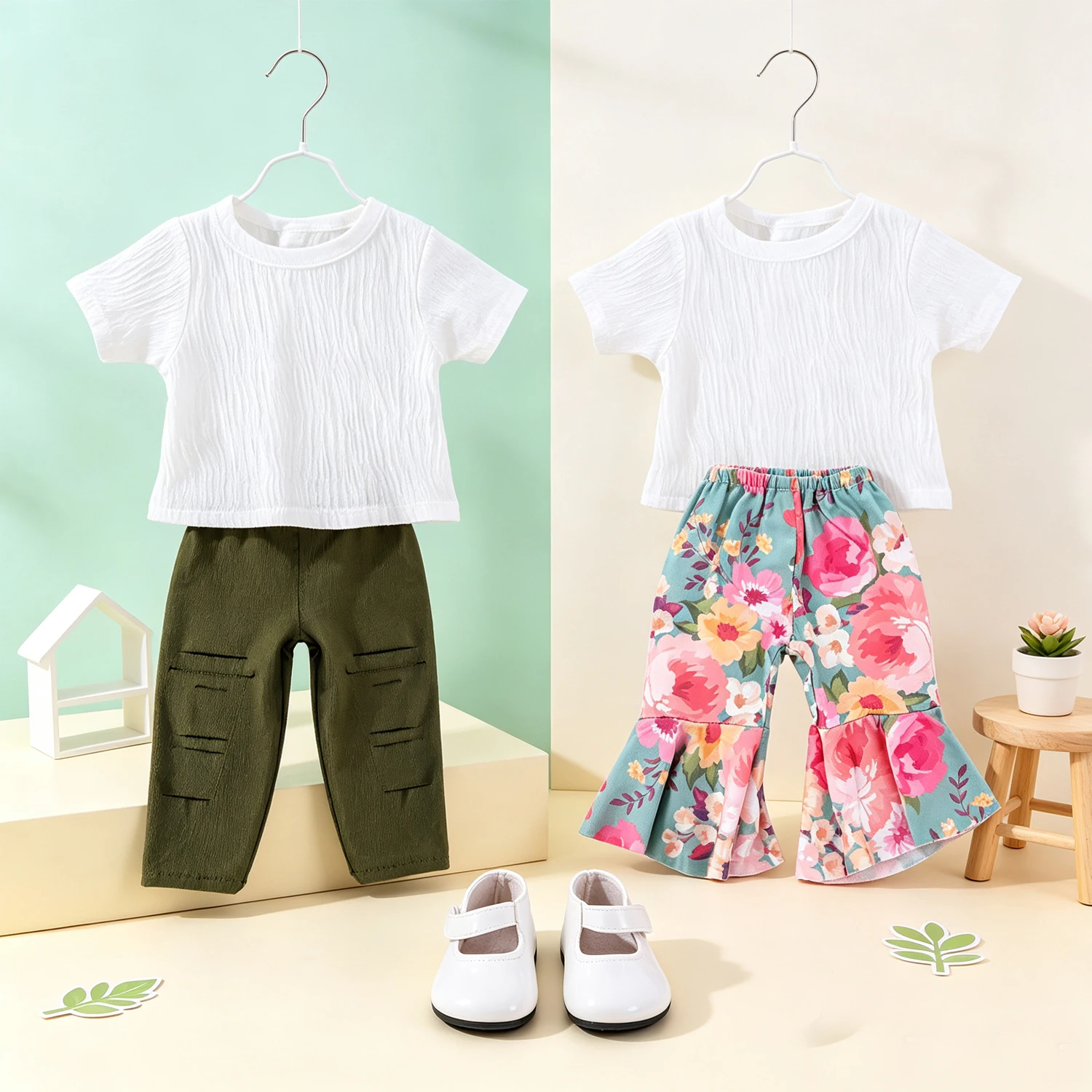 Doll Clothes Short Sleeve Top Cargo Pants Flare Pants & 2 Shoes Fashion Accessories for 18