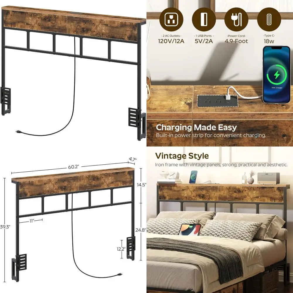 

Industrial Style Queen Headboard with Charging Station and Open Storage for Adjustable Beds