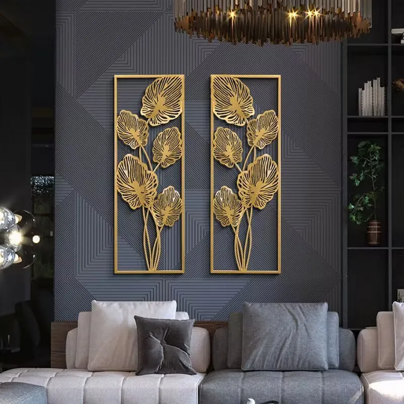 Chinese Wrought Iron Golden Leaf Wall Mural Items Hotel Porch Wall Hanging Decoration Home Livingroom Wall Sticker Accessories