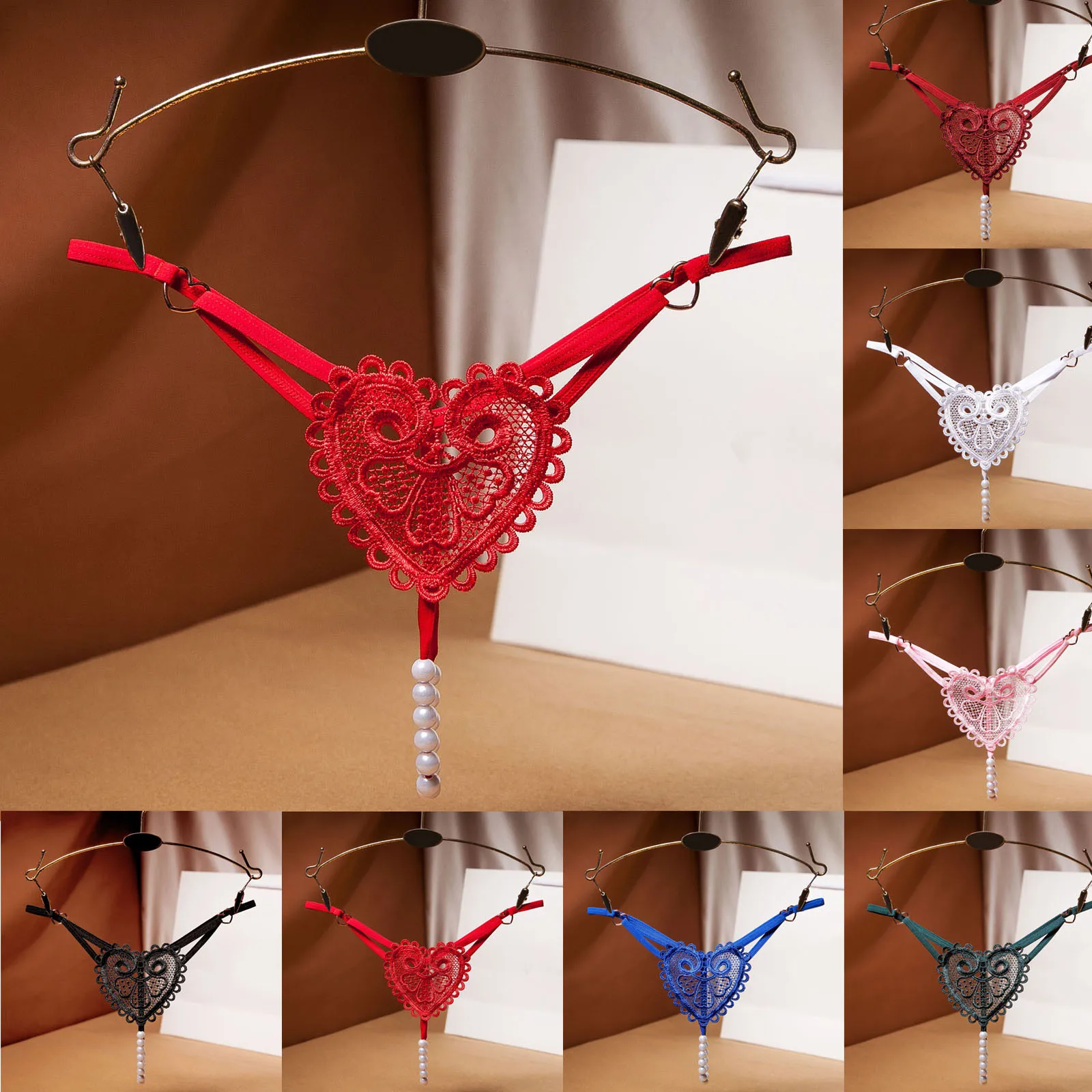 Ladies Solid Color Sexy Underwear Pearl Love Embellished Fashion Sexy Thong Simple Hollow Underwear Ladies Erotic Clothing