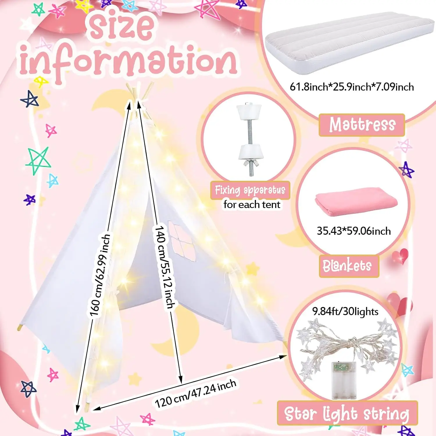 Windyun 4 Pack White Kids Teepee Tent for Slumber Party, Sleepover Party Tent Supplies for Girls with Air Mattress Bedding Fitte
