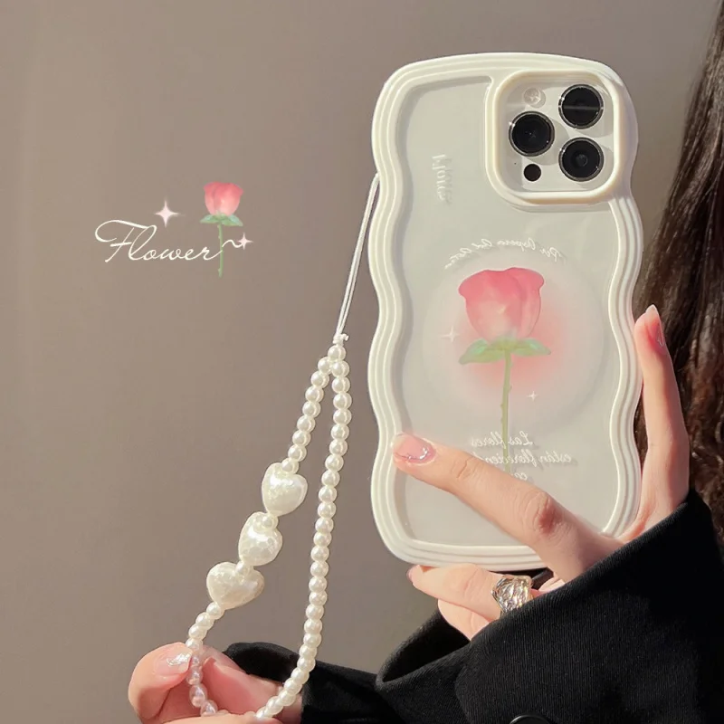 

3D Rose Suitableiphone16Phone case15promaxApple13Pearl chainxrFemalexsVarnish14