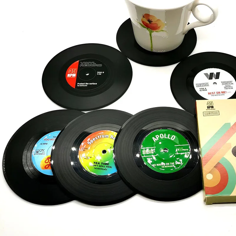 Record Coasters for Drinks Absorbent, Novelty 6 Pieces Vinyl Disk Coasters Effective Protection of The Desktop to Prevent Damage