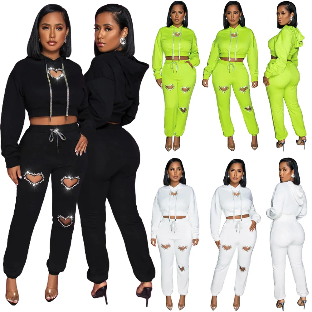 EINYOO Zevity Women's Jumpsuit Diamonds Hollow Out Two Piece Tracksuits Hooded Sweatshirt Top & Pants Sets Long Dresses Traf Y2K