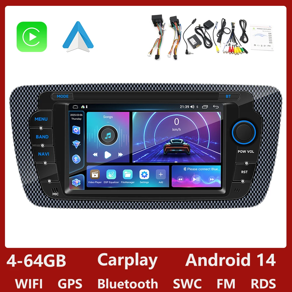 GEARELEC 7 Inch Android 14 Autoradio CarPlay Voor Seat Ibiza 6j 2009 2010 2011-2013 Autoradio Auto multimedia Speler GPS WIFI