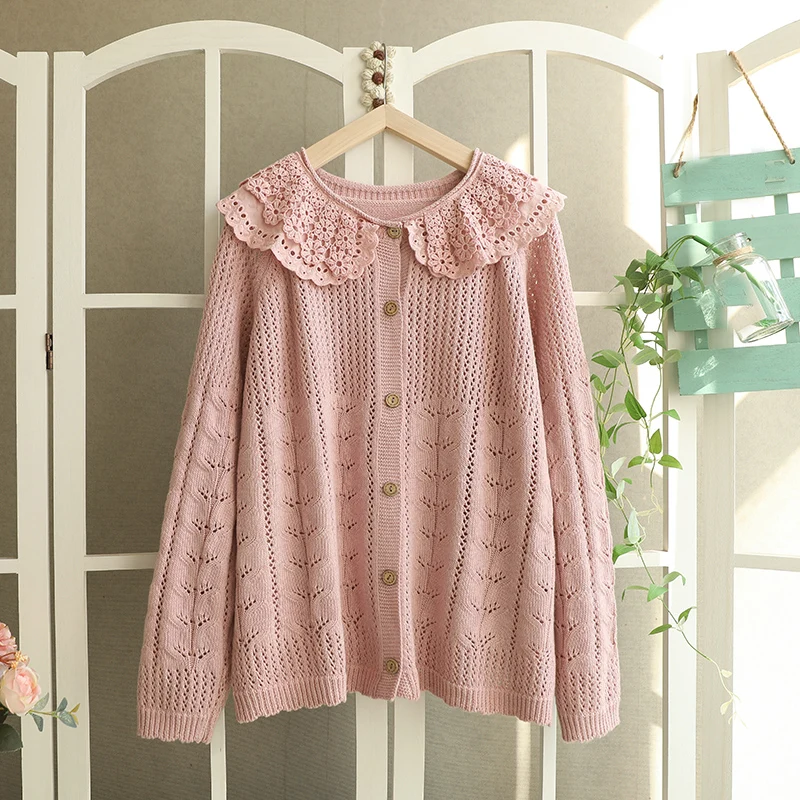 Autumn Sweet Double-layer Collar Hollow Out Embroidered Sweater Women Long Sleeve Single Breasted Knitted Sweater