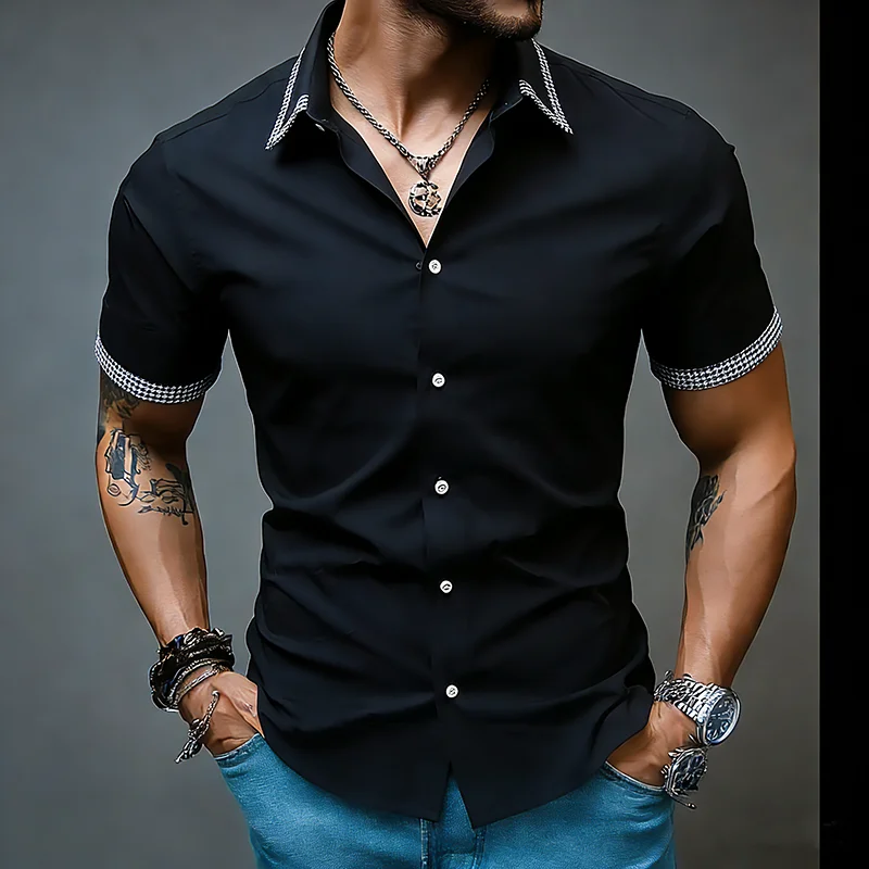 Men Short Sleeve Shirts Plaid Collar  Male Combination Colour Chemise Hemd Homme Shirt   Mens Dress Shirts Casual