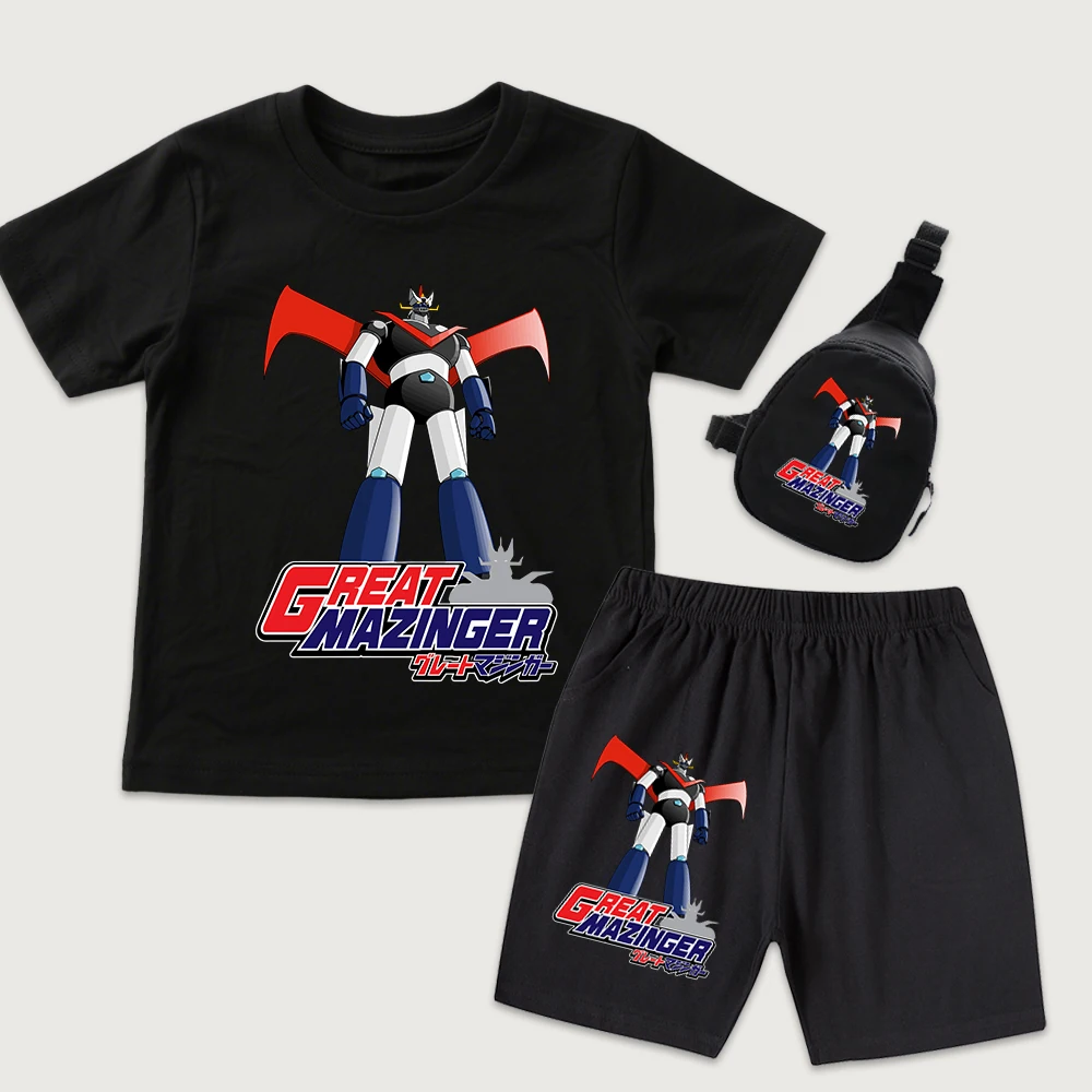 Mazinger Z Anime Print Kids Cotton T Shirt Shorts Mini Chest Bag 3 Piece Set for Boys Girls Casual Summer Outfit