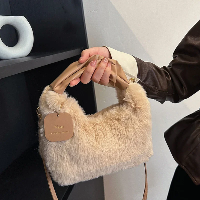 Autumn Winter New Handbag Soft Comfortable Fabric Solid Shoulder Bag Fashion Simple Portable Women Plush Shoulder CrossbodyBag