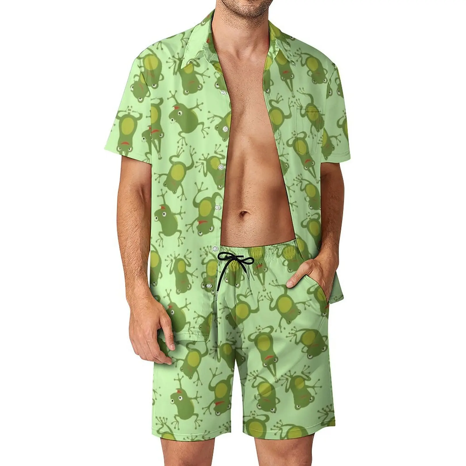 Shirt Set Men's Summer Frog Print 3D Printed Shirt And Shorts Set Men's And Women's Casual Fresh Simple Lapel Hawaiian Shirt