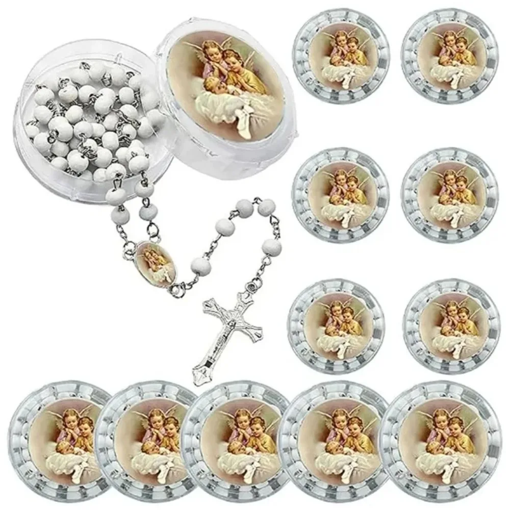 6/12 Sets de Rosarios de Bautismo con Diseño de Ángel Bebé, Cuentas Blancas y Caja Transparente para Bautizo, Primera Comunión, Baby Shower