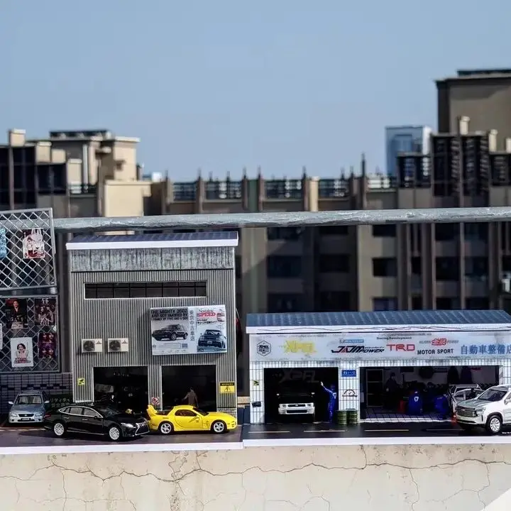 1/64 Personalizzazione della decalcomania della scena di parcheggio Officina Impostazione dell'esposizione dell'auto Modello pressofuso Fotografia e oggetti da collezione Diorama