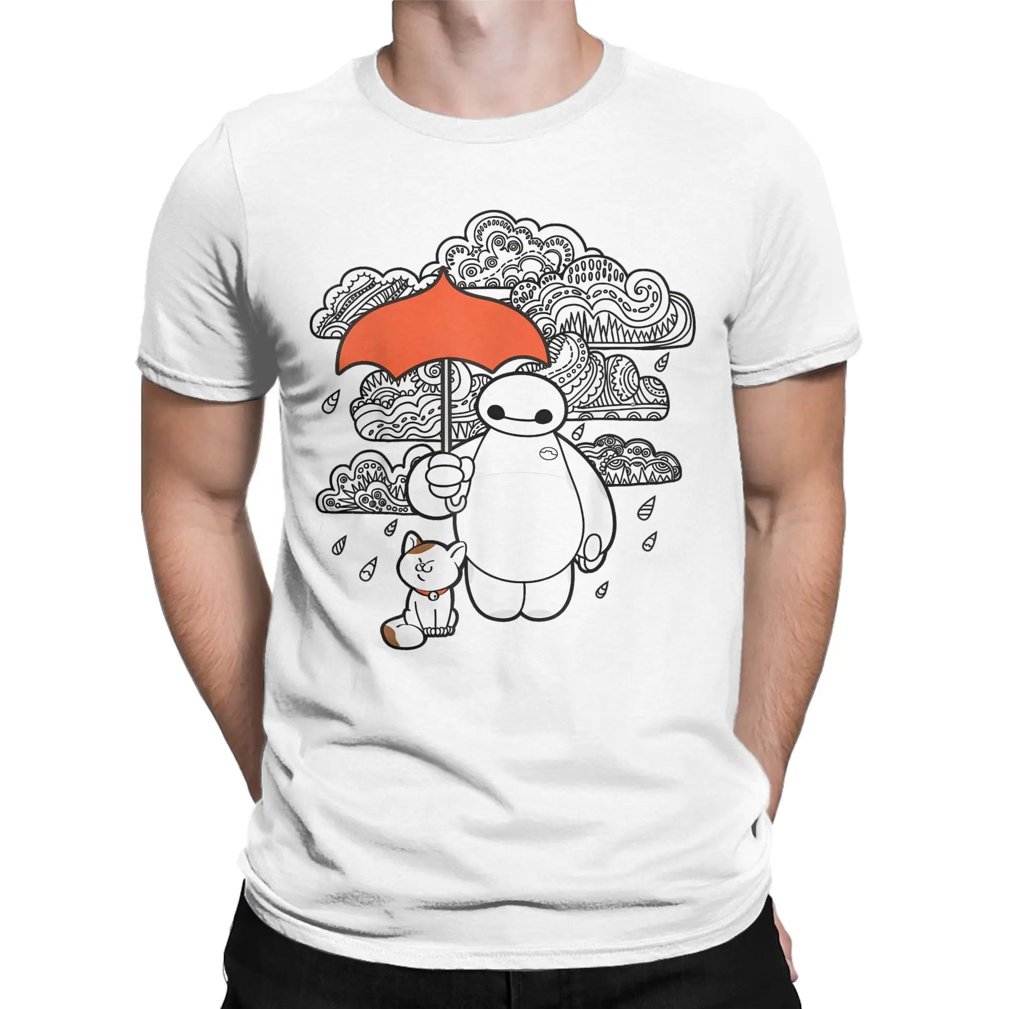 Men T-Shirt Big Hero 6 Baymax Rain Clouds Vintage Cotton Tees Short Sleeve Cartoon Movie T Shirt Crewneck Clothing Gift