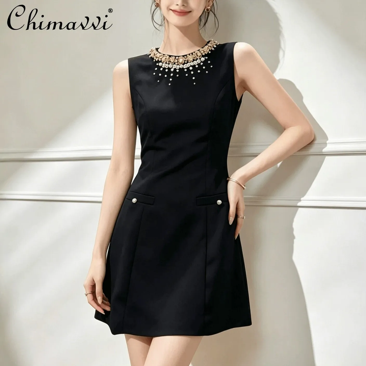 

French Elegant Fashion Socialite Birthday Party Dress Diamond Crew Neck Sleeveless High Waist Black Mini Dress Women Summer 2026