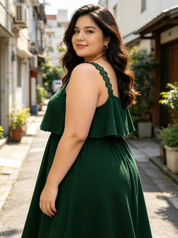 Plus-Size-Midikleid für Damen, Spitze, Spaghettiträger, einfarbig, elastische Taille, A-Linie, locker geschnitten, für den täglichen Gebrauch im Sommer, Urlaub und Strand. – Detail 2