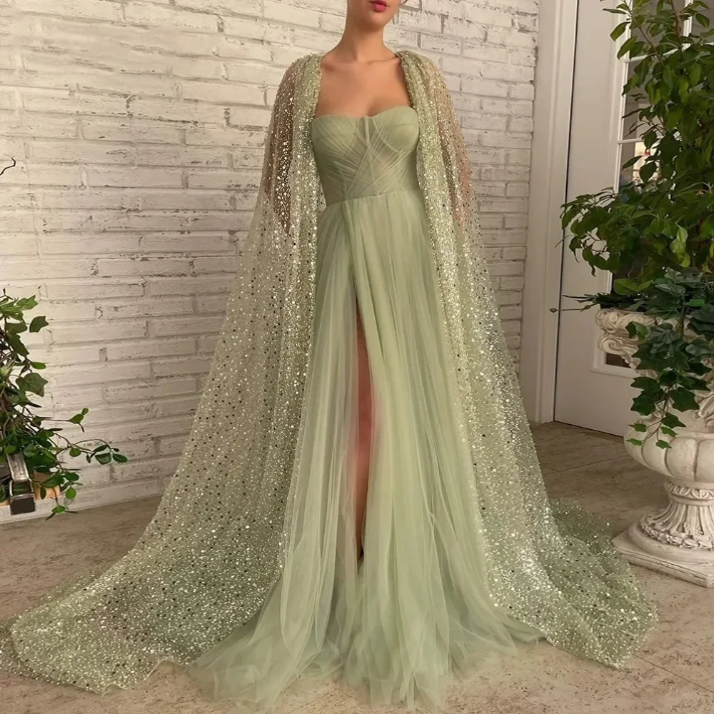 Shiny Long Green Strapless Tulle Sequin Prom Dresses Full Sleeves with Slit A Line Sweep Train فساتين للمناسبات الرسمية