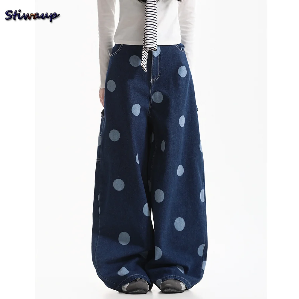 American Vintage Blue Polka Dot Jeans for Women Loose Wide Leg Heart Pocket Trousers Y2K Denim Pants Floor-Length Streetwear