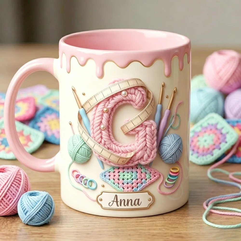 Personalized Letter H Crochet Theme Ceramic Mug 11oz Custom Name Yarn Tool Cup Office Coffee Cup Gift for Knitting Lover Handmad
