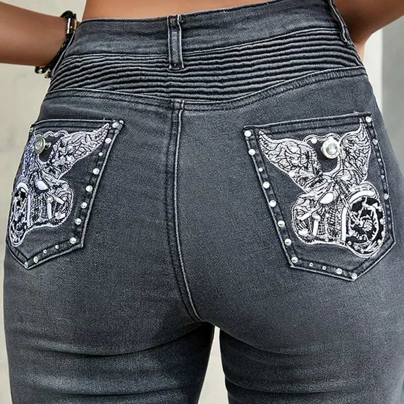 

American Gothic Embroidered Rhinestone Slim Jeans Fashion Harajuku Trend Y2K Women Casual Street Hip Hop High Street Pants