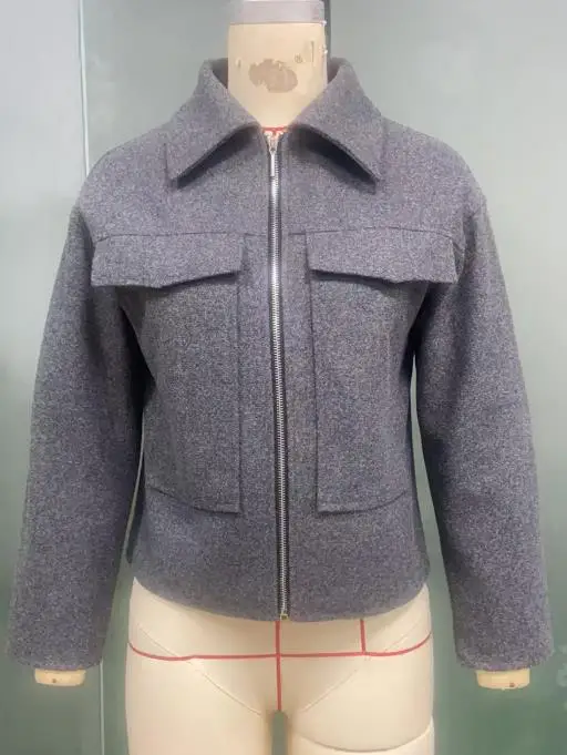 Abrigo de lana con bolsillos Top de manga larga 2025 Otoño e Invierno ropa diaria femenina nueva moda chaqueta de solapa recortada para mujer