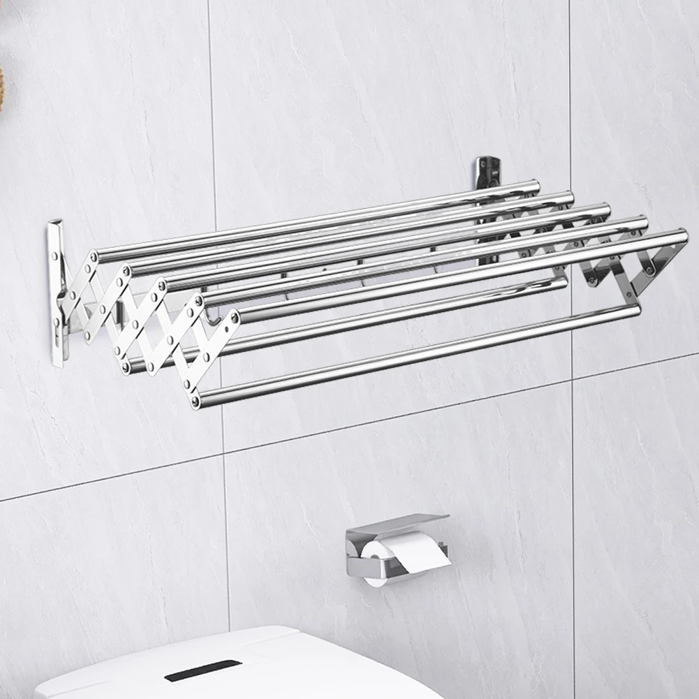 

Wall Mounted Clothes Drying Rack 7 Rods 5 Hooks Retractable Collapsible Clothing Hanger Space-Saving Laundry Hanger for Laundry