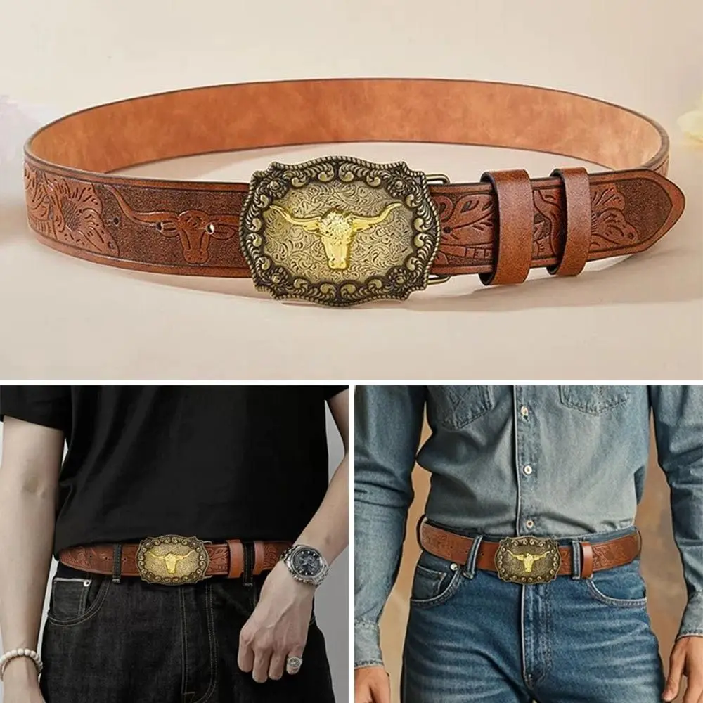 

Fashion PU Leather Western Cowboy Belts Floral Engraved Buckle Vintage Waistband Belts Designer Luxury Leather Belt Pants