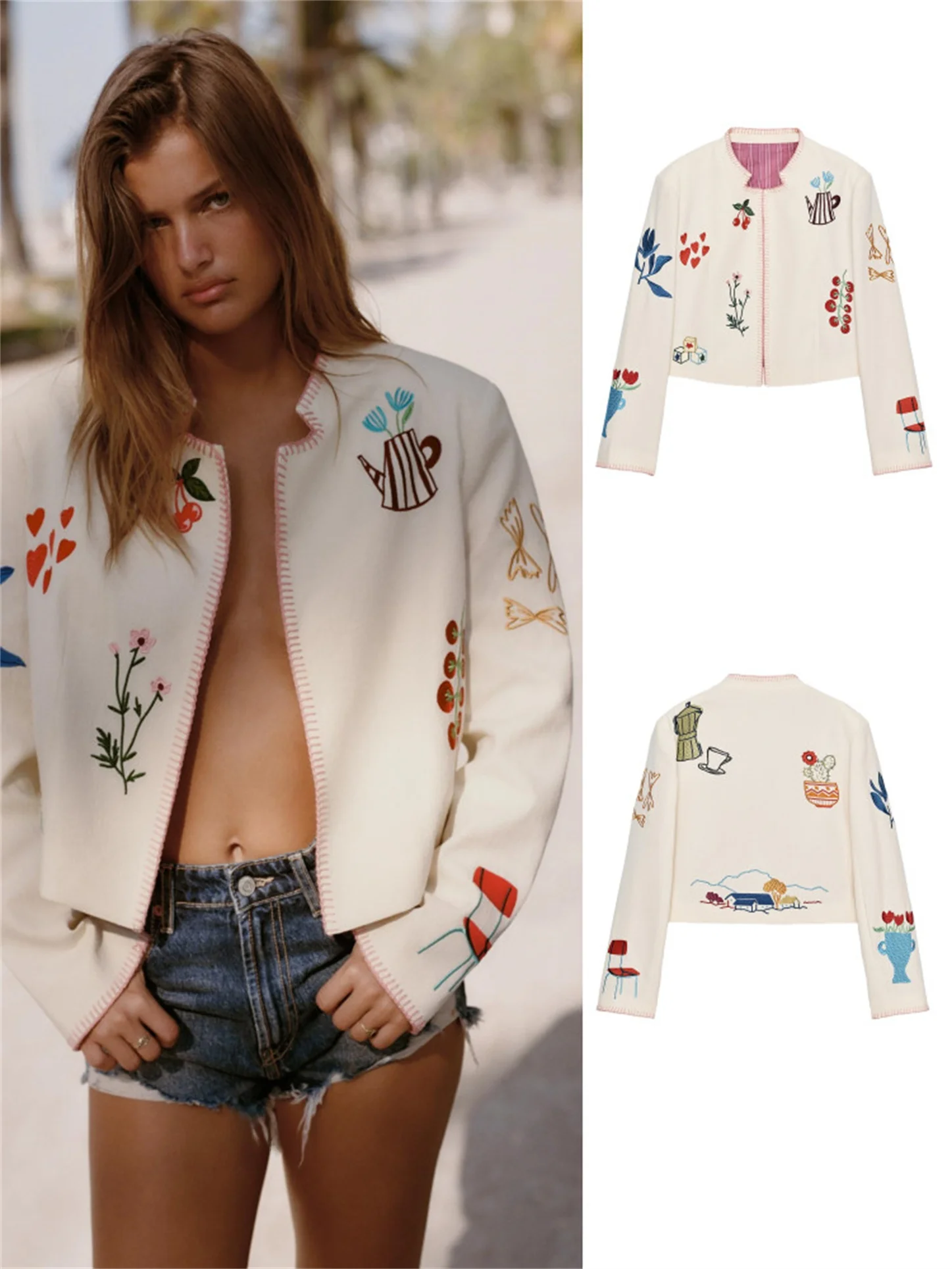 

Faionable round Ne Long Sve Embroidered Jaet with Inner Color Blo Design Women's Autumn New Arrival Coat