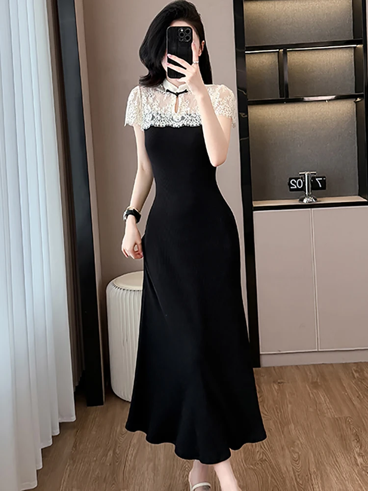 Femmes coréennes Vintage Hepburn Festival longue robe été noir Patchwork blanc dentelle robe transparente 2025 élégant moulante robe de nuit